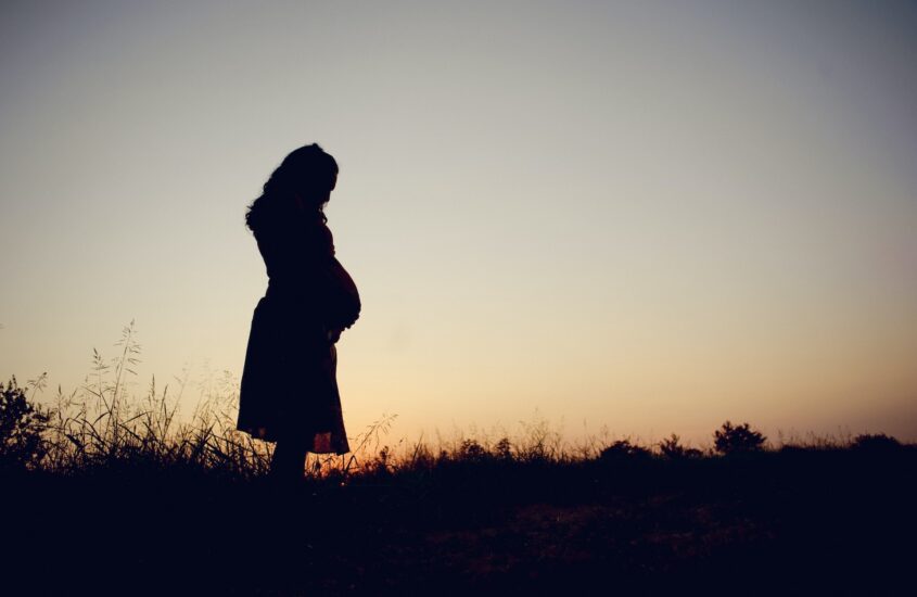 Pregnant woman standing in field at sunset. Starting her motherhood journey. PPD help. Therapy for anxiety and depression.