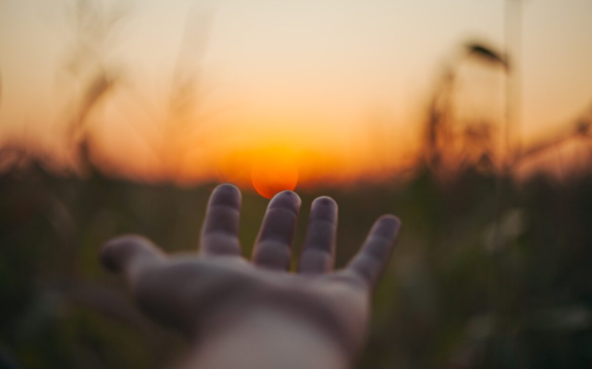 Left hand of a person reaching out in a field at sunset. Charlotte therapists. Mental health care. Maternal Health.