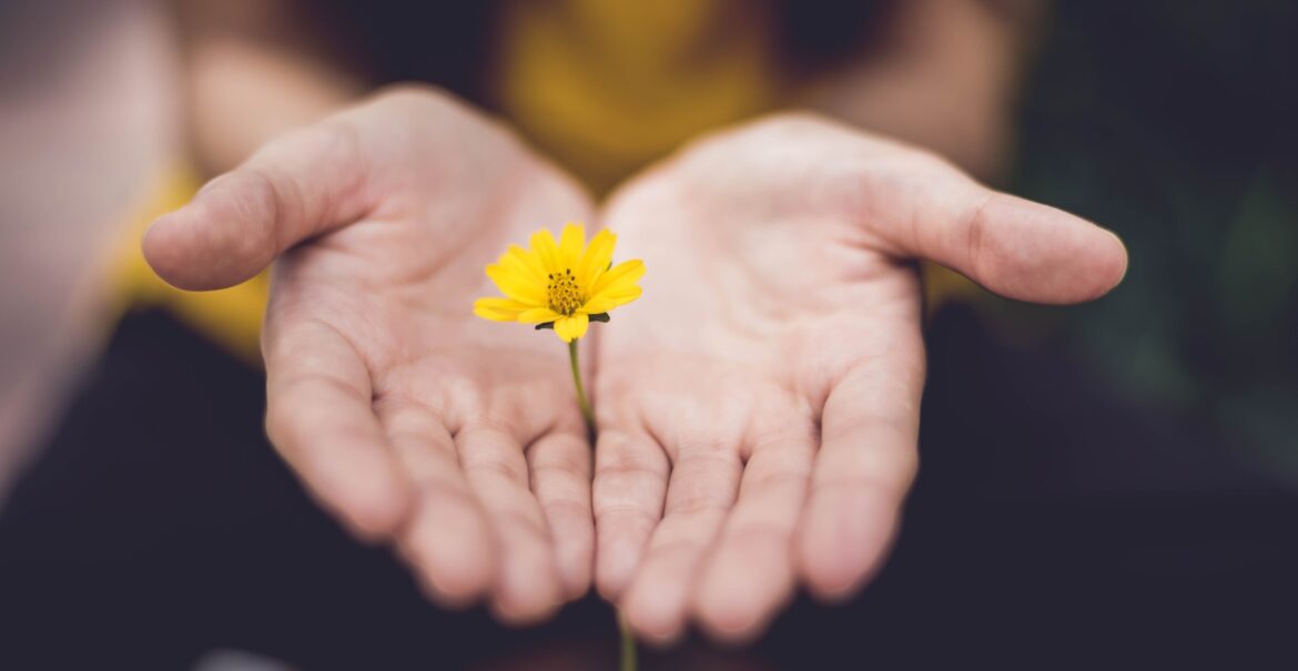 Woman with hands out holding a small yellow flower. Postpartum support. Pregnancy therapy.